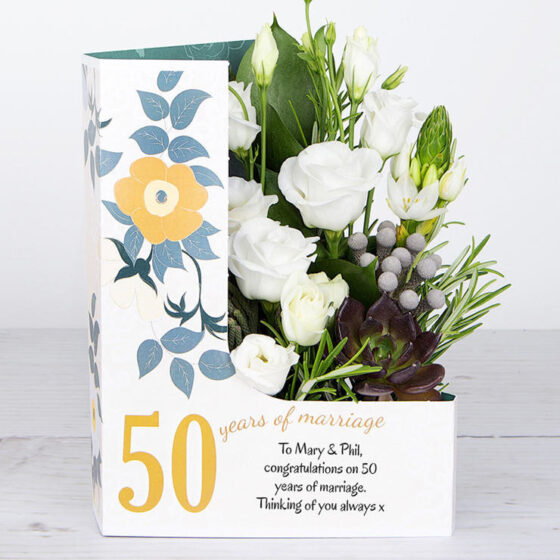 50 Years Of Marriage Celebration Flowercard with White Lisianthus