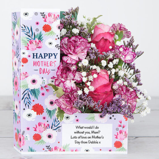 Mother’s Day Flowercard with Dutch Roses and BiPurple Spray Carnations